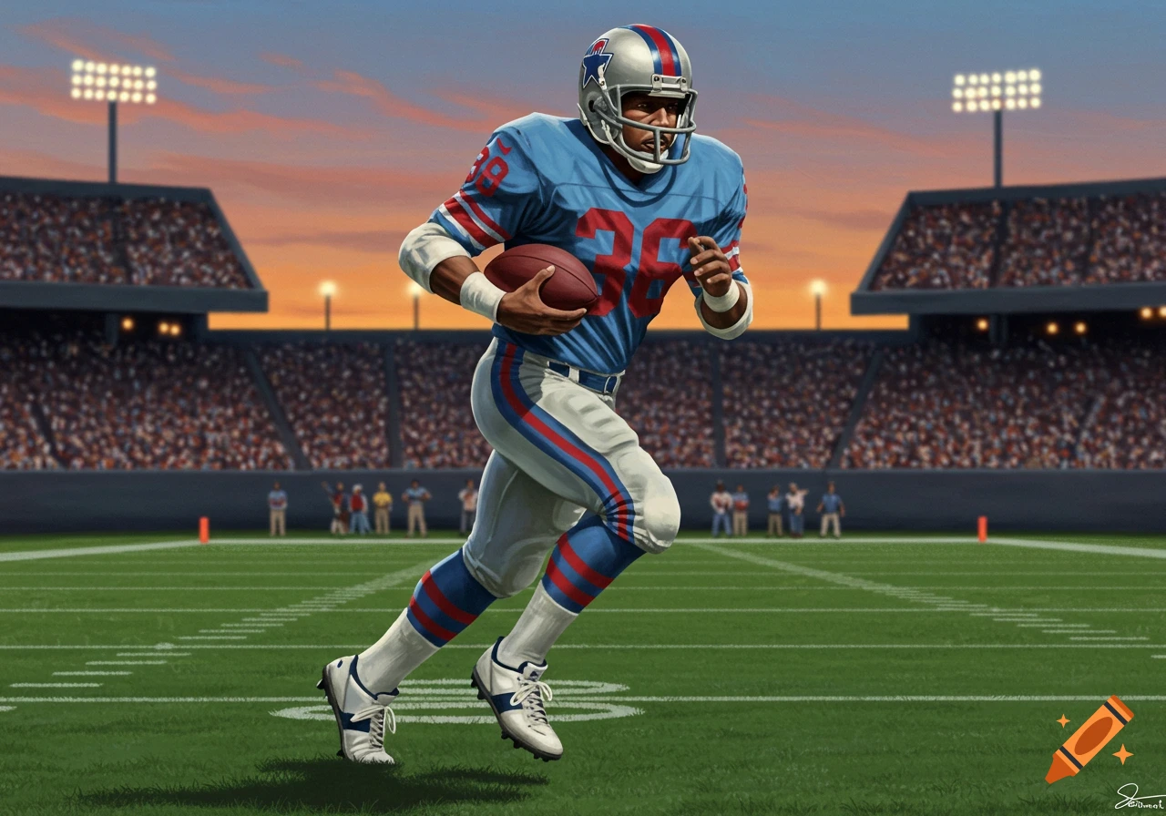 An illustrated American football player in a blue and white jersey with number 26, holding a football, runs on a stadium field at sunset.