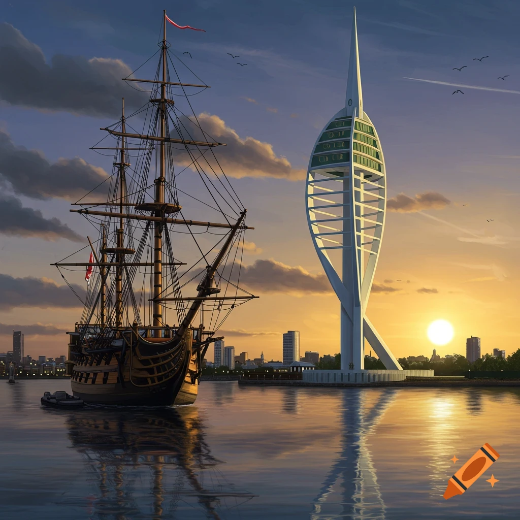 Historic sailing ship, HMS Victory, and the modern Spinnaker Tower stand against a sunset over a calm harbor, with a city skyline visible in the background.