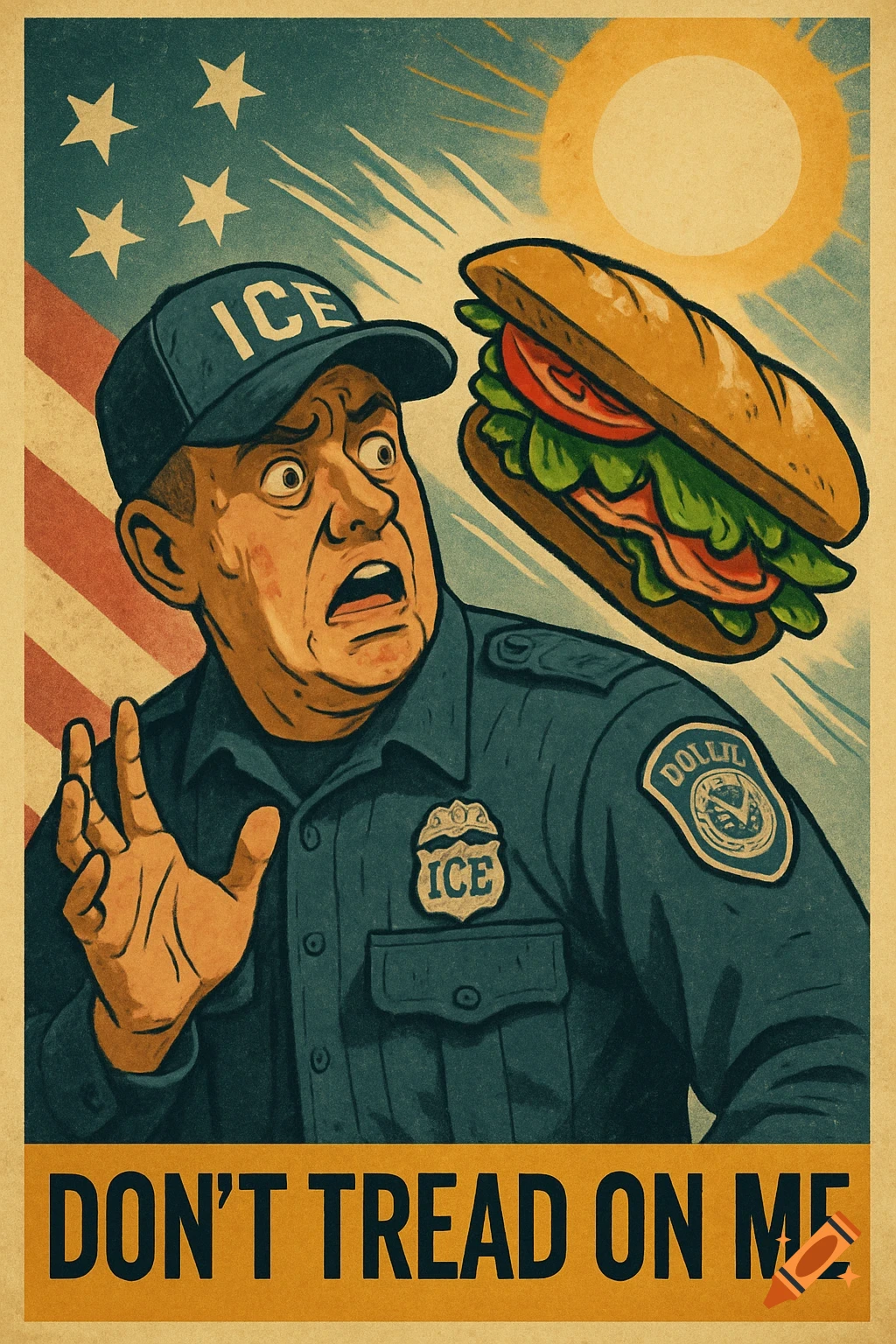 Vintage-style poster depicts a shocked ICE agent in uniform, recoiling from a large sandwich flying towards him. Below, the text reads "DON'T TREAD ON ME." The background features a distressed American flag and a stylized sun.