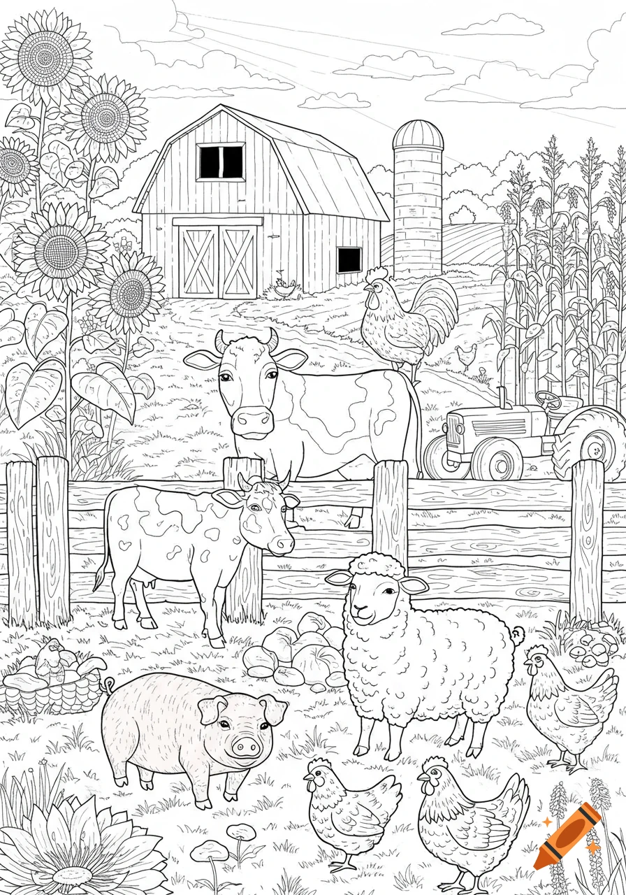 Black and white coloring page of a farm scene with cows, a pig, sheep, and chickens, a barn, silo, tractor, sunflowers, and corn.