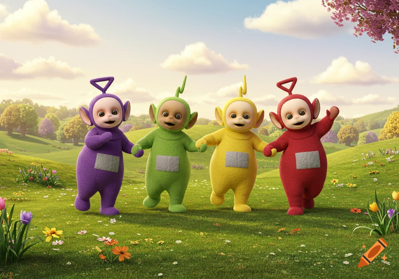 Four colorful Teletubbies – purple, green, yellow, and red – walk across a grassy, flower-filled hill under a cloudy sky.