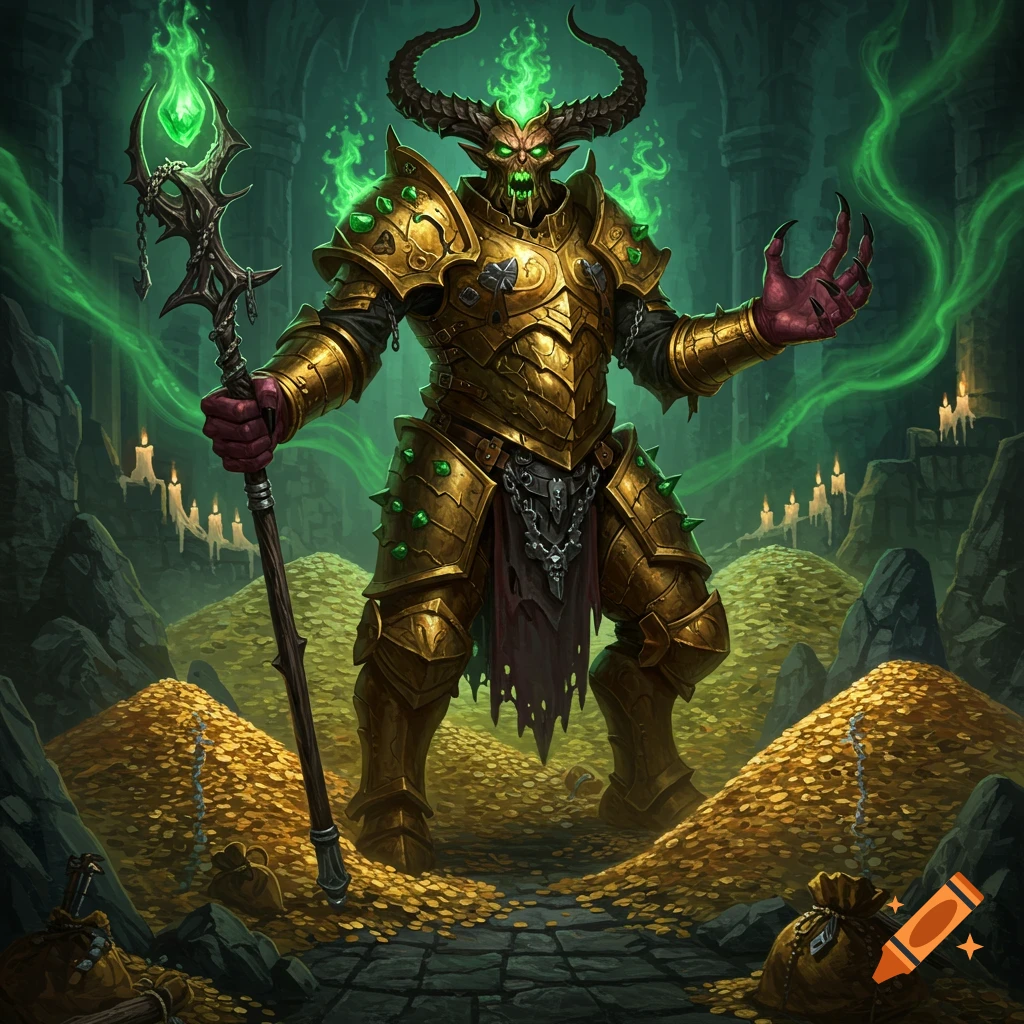 A fantasy demon in golden armor with horns and glowing green energy, holding a staff, stands on piles of gold in a dark dungeon.