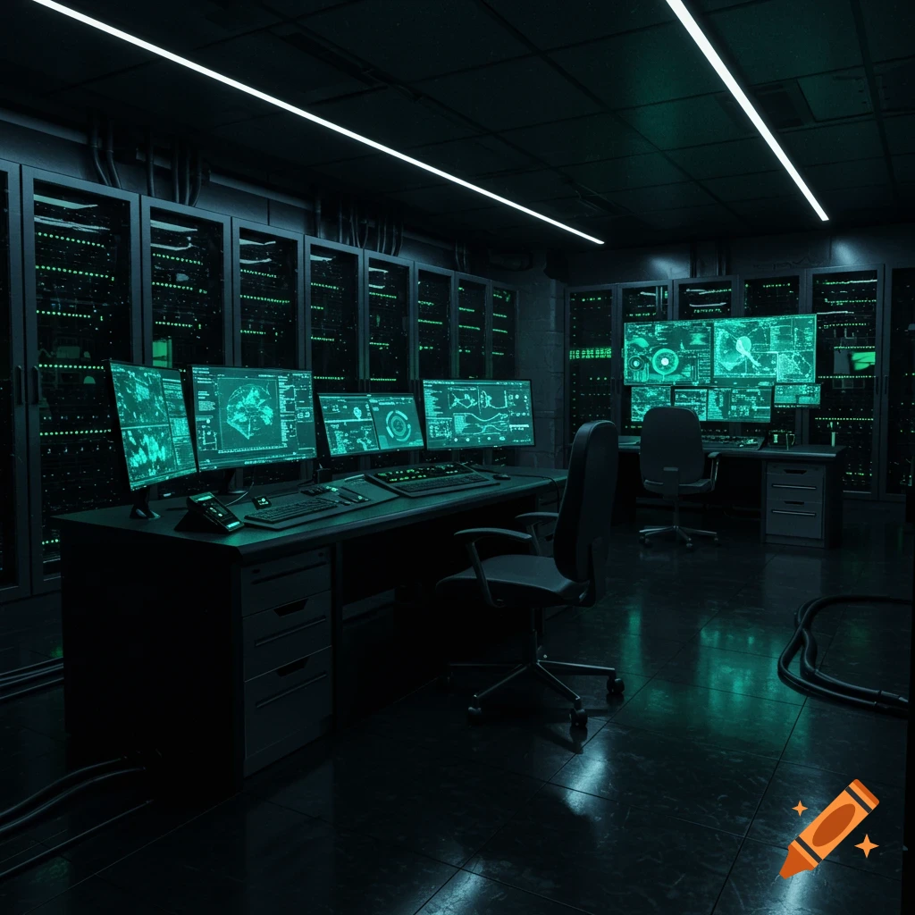 A dark, futuristic control room with multiple computer screens displaying neon green data and server racks lining the walls.