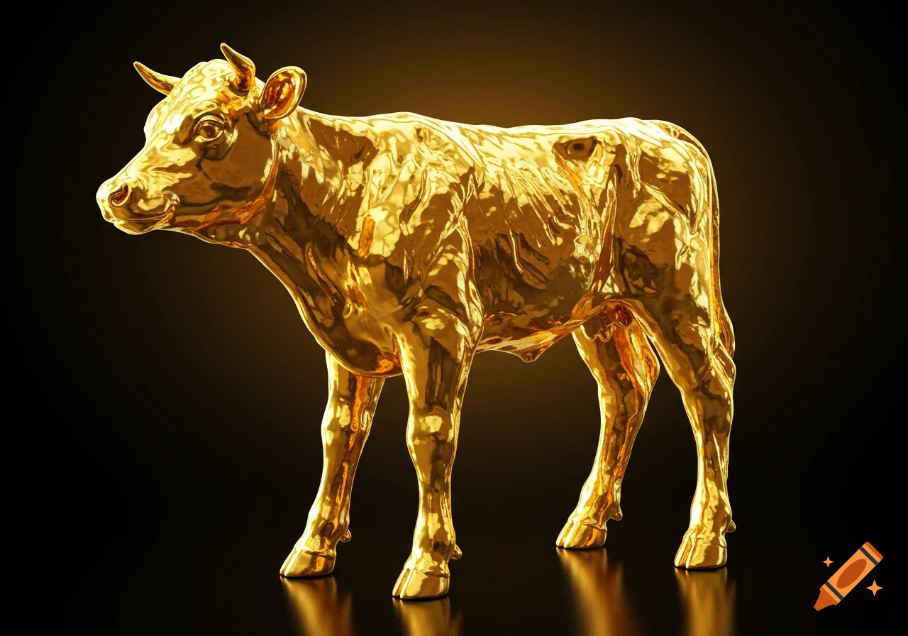 An ultra-realistic sculpture of a calf made of melted gold, standing against a dark background.