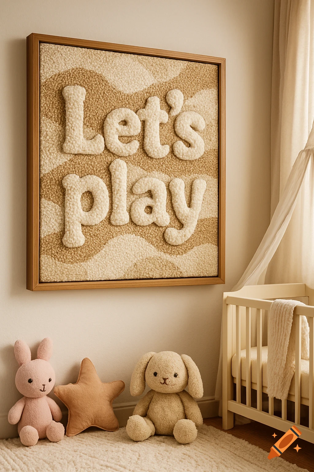A cozy baby nursery with a framed 'Let's play' punch needle artwork, a crib, and plush bunny and star toys.