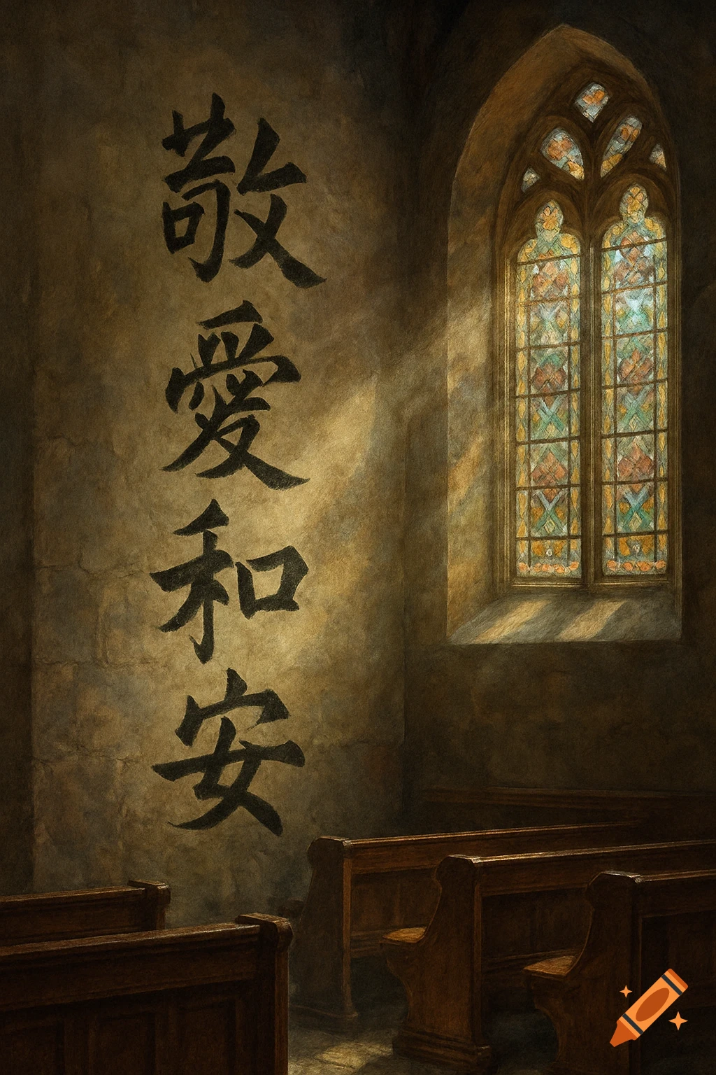 Chinese characters 'Respect, Love, Peace, Tranquility' painted on a church wall with a stained glass window and pews, in a painterly style.
