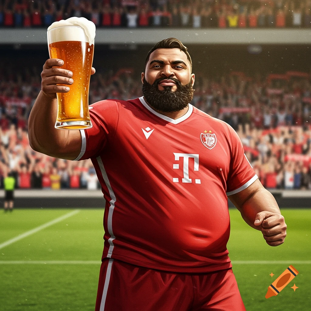 A strong, bearded soccer player in a red kit holds a tall glass of beer aloft in a crowded stadium. Photorealistic.