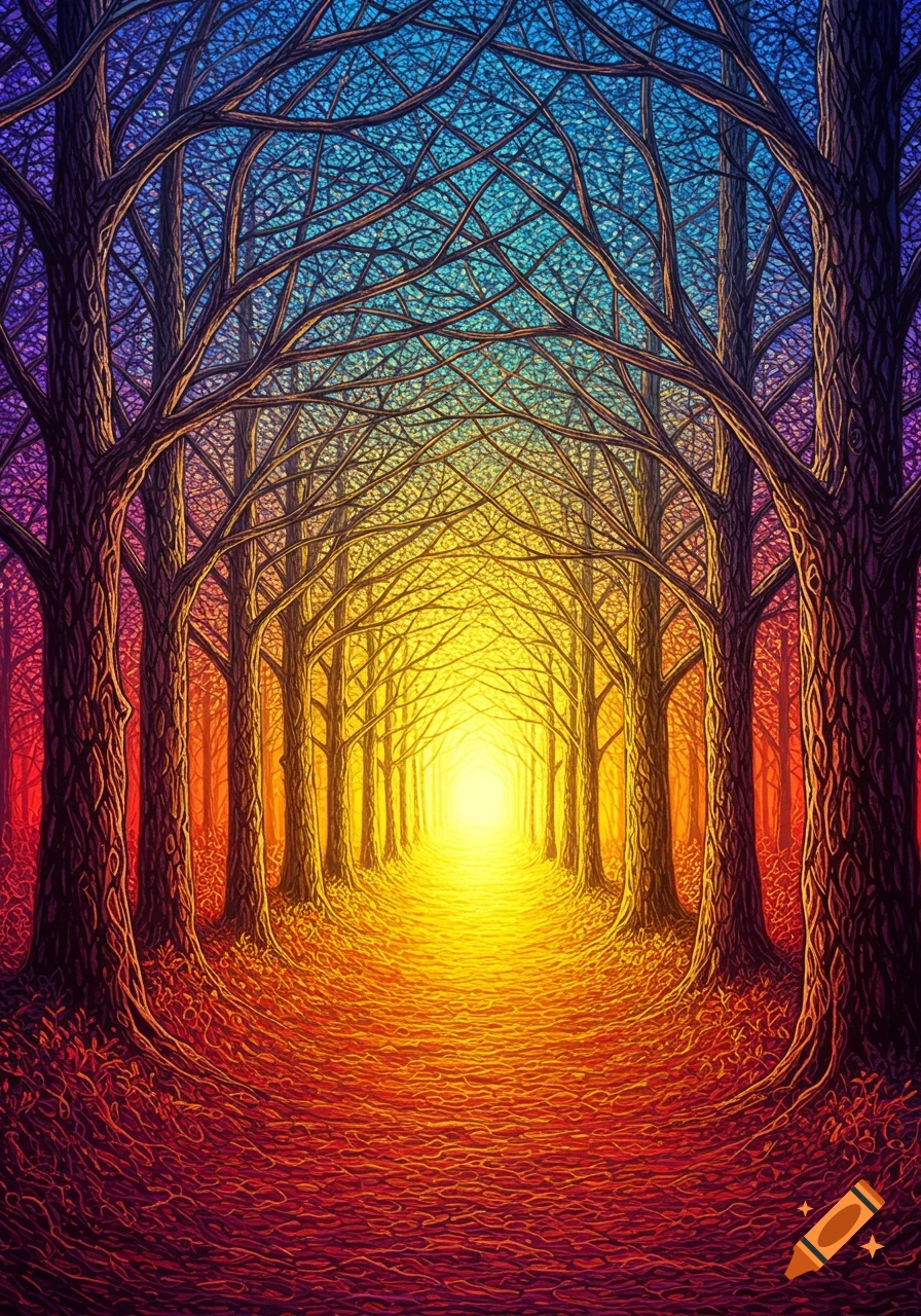 A dreamlike path lined with stylized trees, transitioning from vibrant reds and oranges to cool blues, leading towards a bright yellow light.