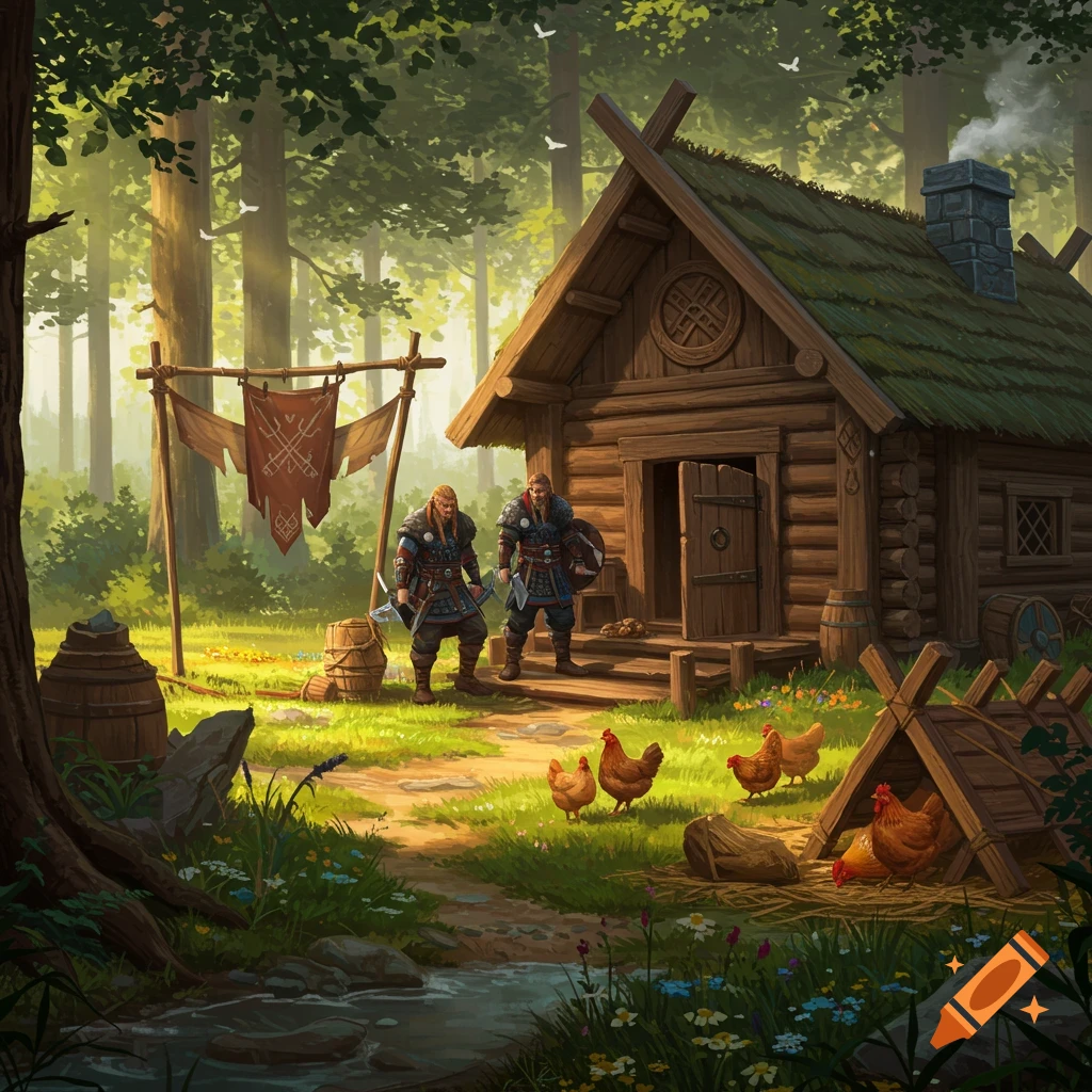 Two armored Viking-like men stand outside a rustic log cabin in a sunny forest clearing, surrounded by chickens and a small stream, in a detailed fantasy art style.
