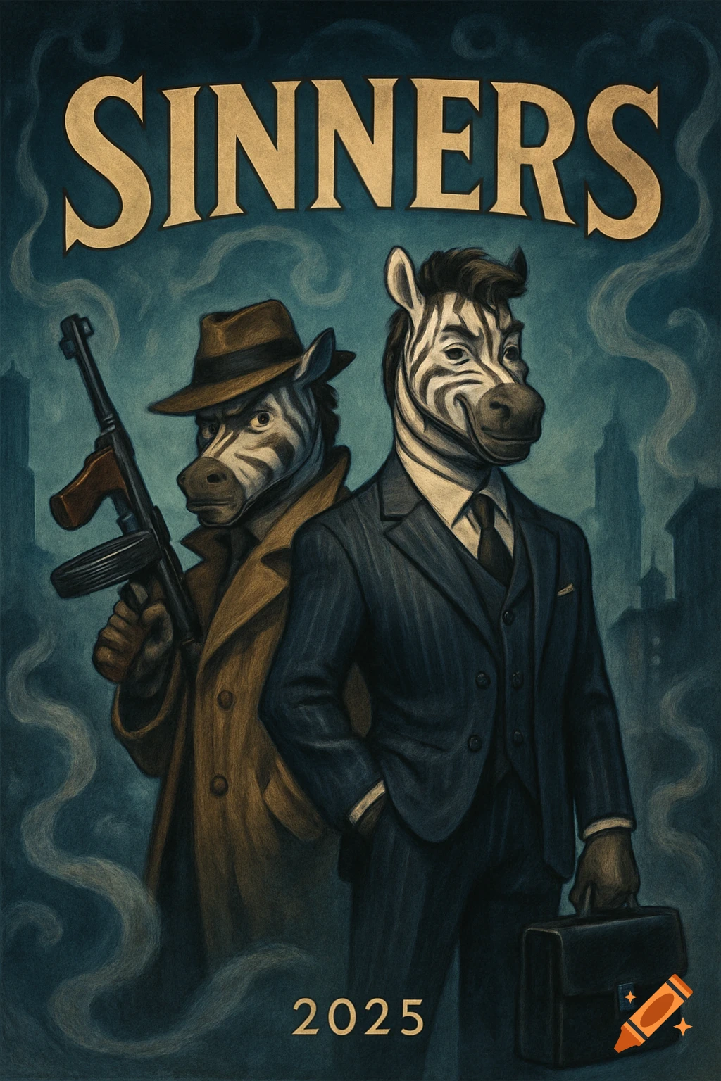 Movie poster for 'SINNERS' featuring two anthropomorphic zebra gangsters, one holding a submachine gun, in a 2D hand-drawn style.