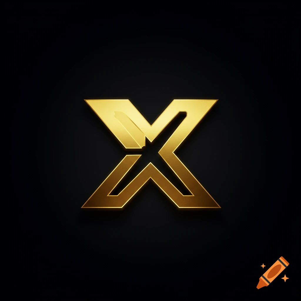 A sleek golden letter X logo with linear lighting, set against a dark black background.