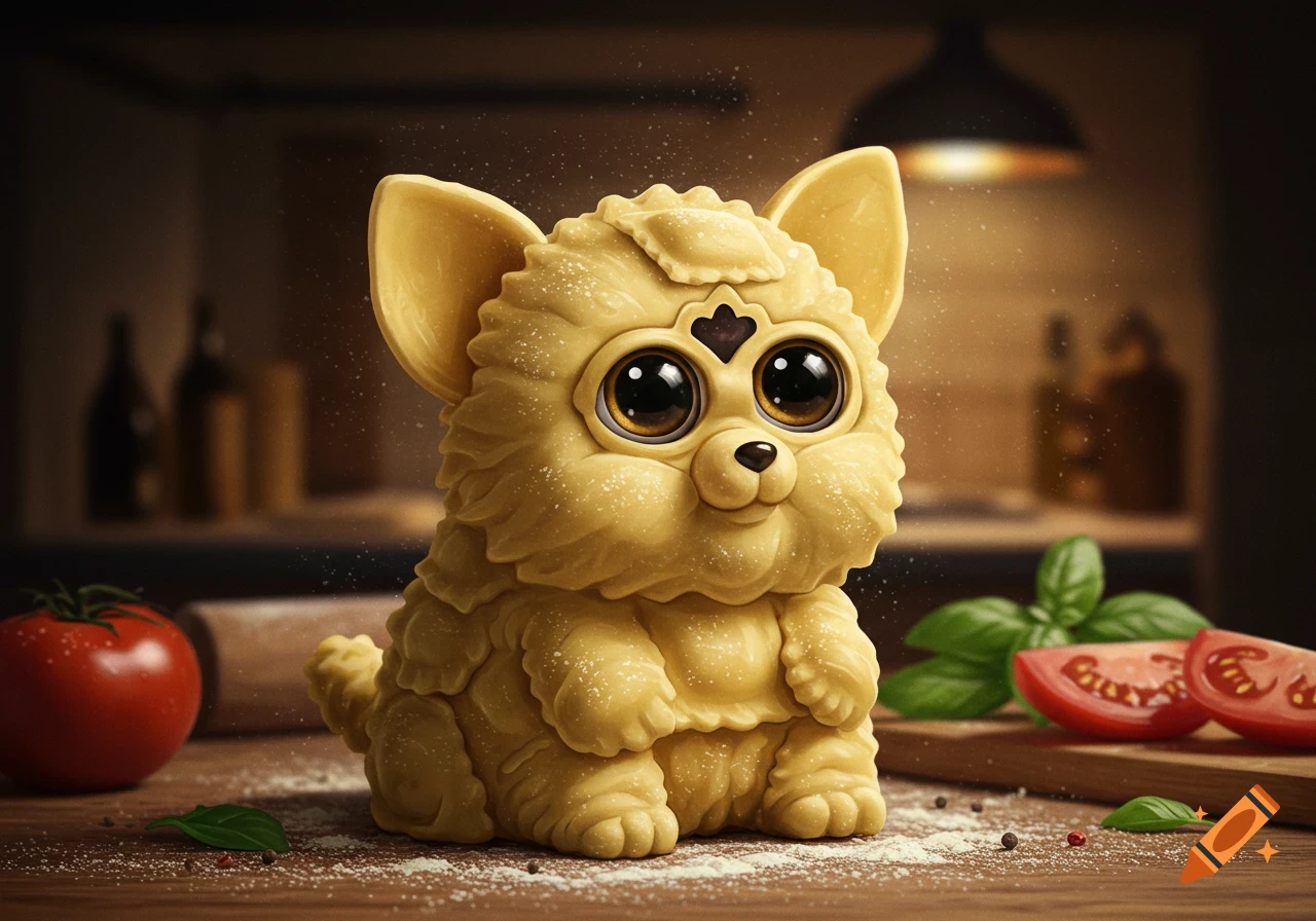 A cute, photorealistic Beanie Boo-like creature made of pasta, dusted with flour, on a kitchen counter with tomatoes and basil.