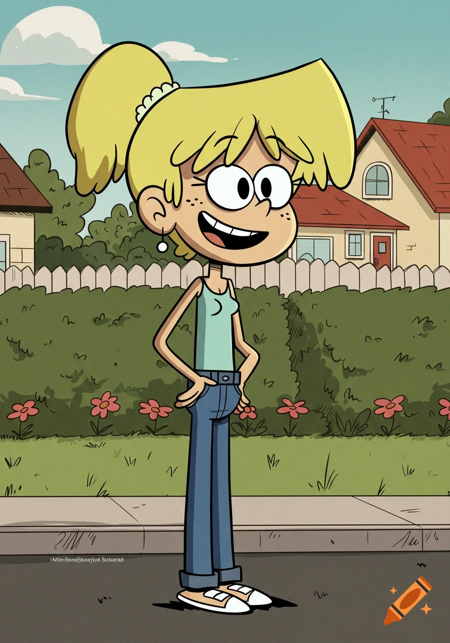 Lori Loud from The Loud House, a blonde cartoon girl with a ponytail, wearing a light blue tank top and jeans, stands smiling on a sidewalk.