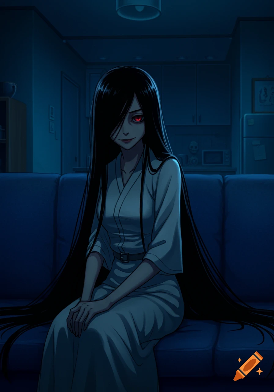 A cell-shaded anime character resembling Sadako Yamamura, with long black hair and red eyes, sits on an indigo couch in a dark blue apartment.