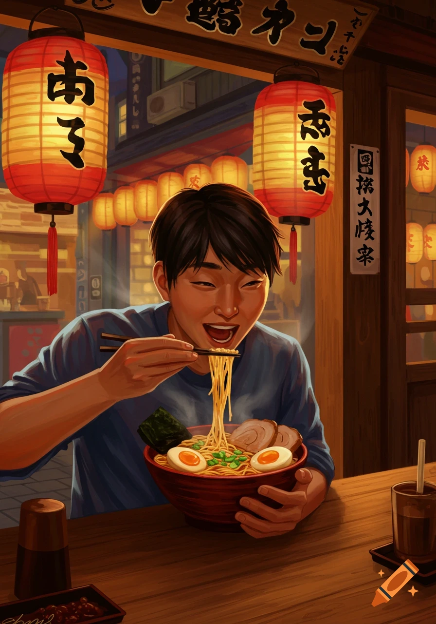 An illustration of an Asian man enthusiastically eating a large bowl of ramen with chopsticks in a warmly lit ramen shop at night. Lanterns with stylized Japanese text hang around him.