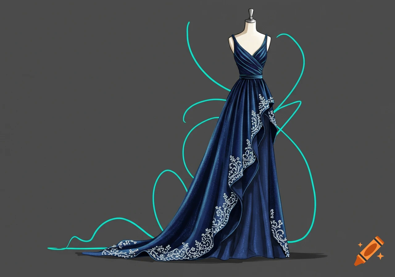 Fashion sketch of a dark blue, floor-length dress with white embroidery on a mannequin, against a gray background.