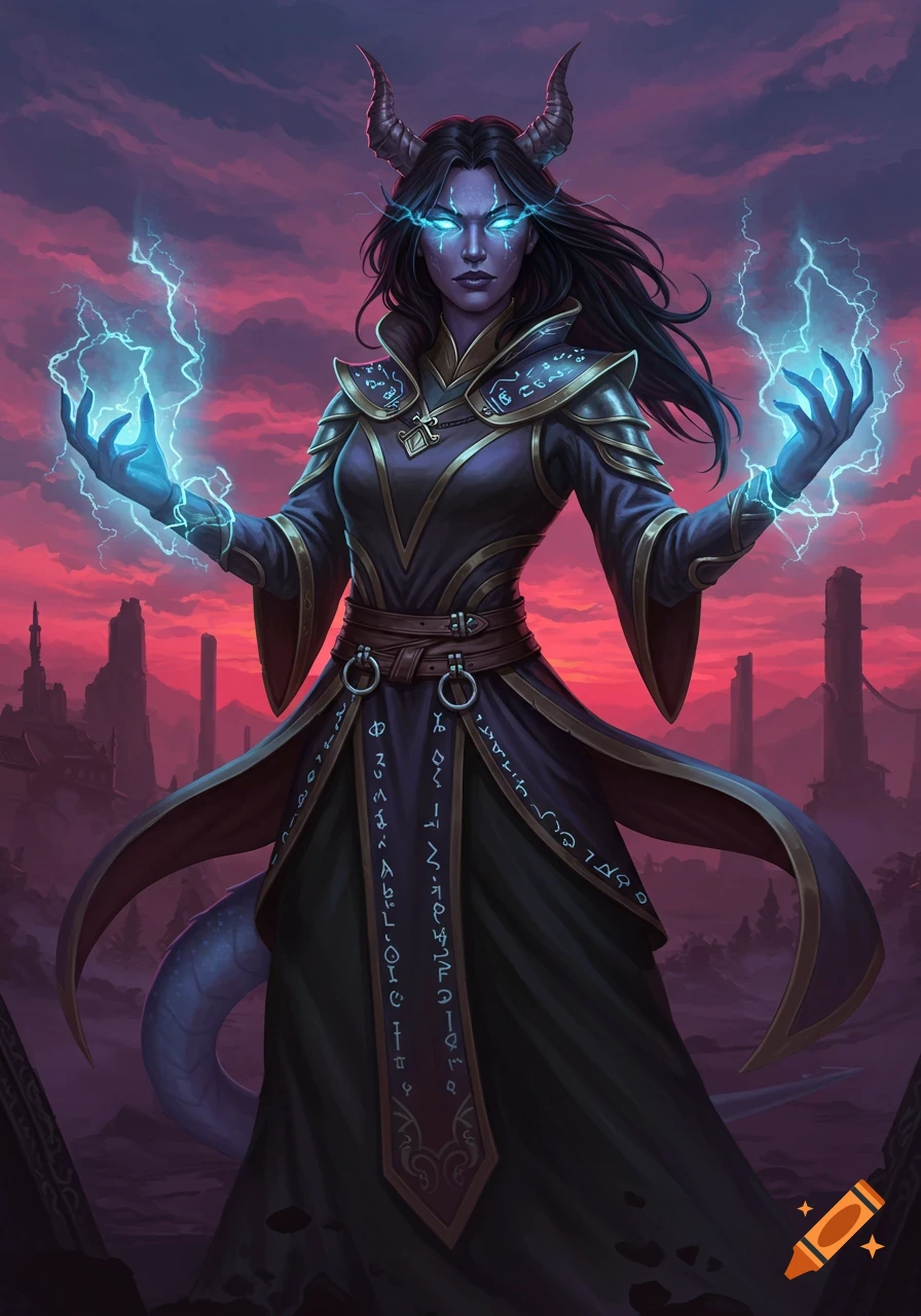 A female sorcerer with blue skin, horns, and a tail, wielding lightning magic against a dramatic red sky.