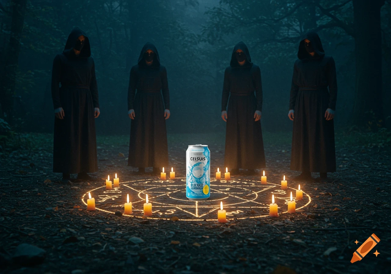 Four robed figures stand around a glowing ritual symbol with candles and a Celsius can in a dark forest.