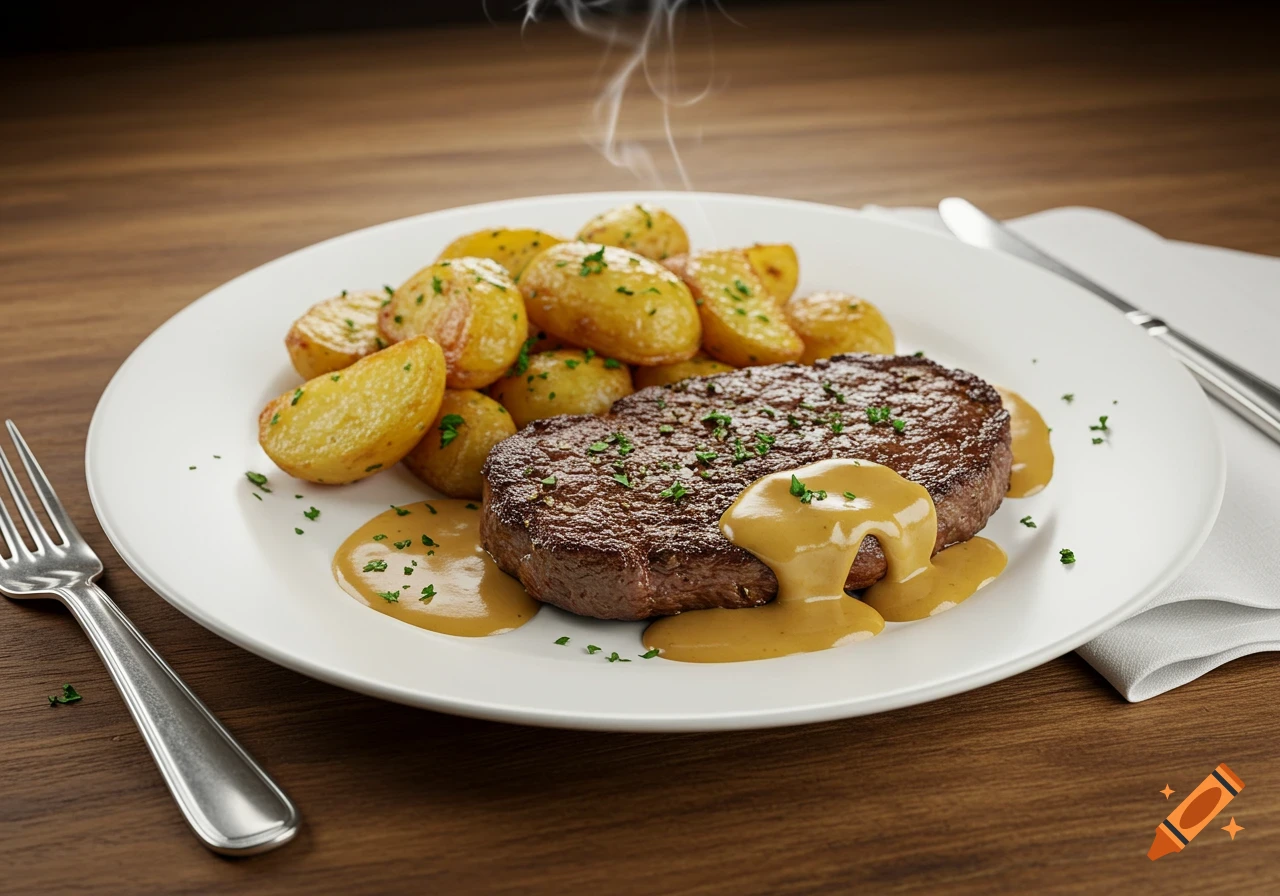 Photorealistic image of a steaming steak with gravy and roasted potatoes on a white plate set on a wooden table.