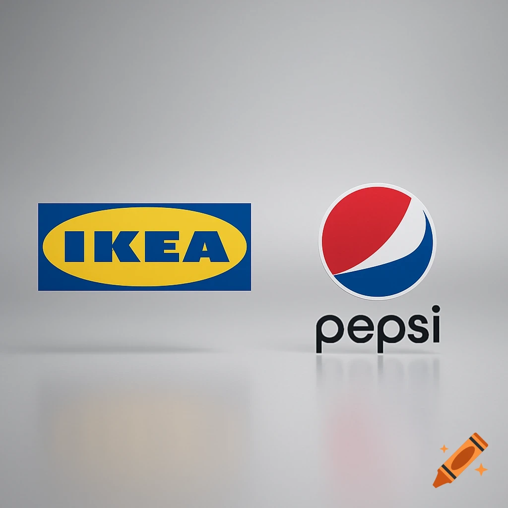 The IKEA logo and Pepsi logo displayed side-by-side on a gray reflective surface.