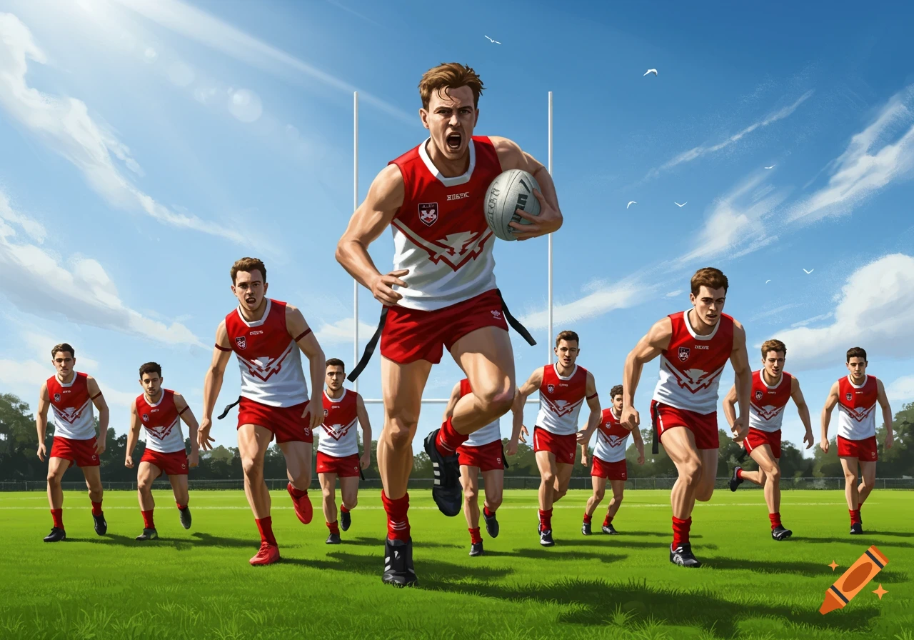 A team of male athletes in red and white jerseys run across a green field with a football, one player yelling.