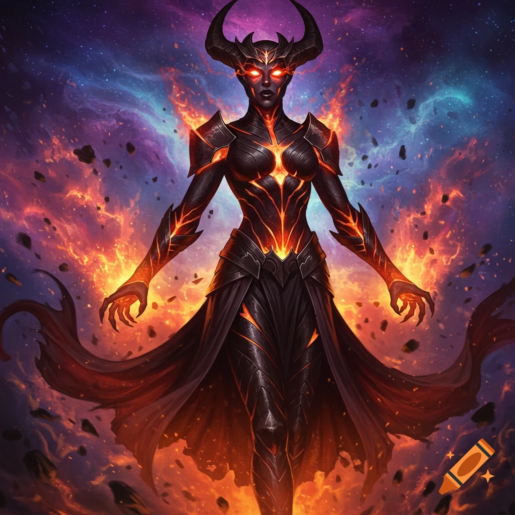 A powerful, horned female demonic figure in black armor with fiery accents, standing amidst flames and cosmic dust.