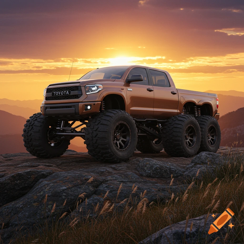 A brown six-wheeled monster truck, a modified Toyota Tundra, is parked on a rocky outcrop at sunset, with mountains in the background.