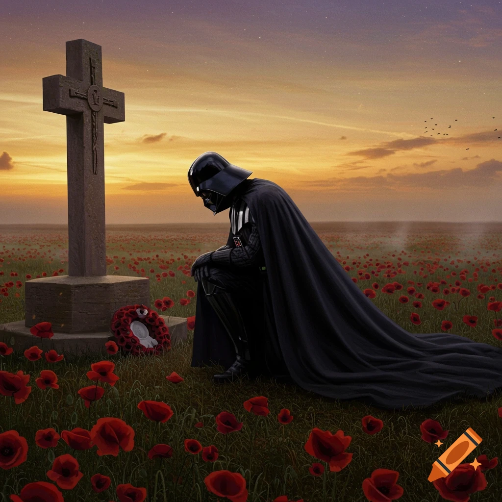Darth Vader kneels solemnly before a large stone cross in a field of red poppies at sunset, in a photorealistic style.