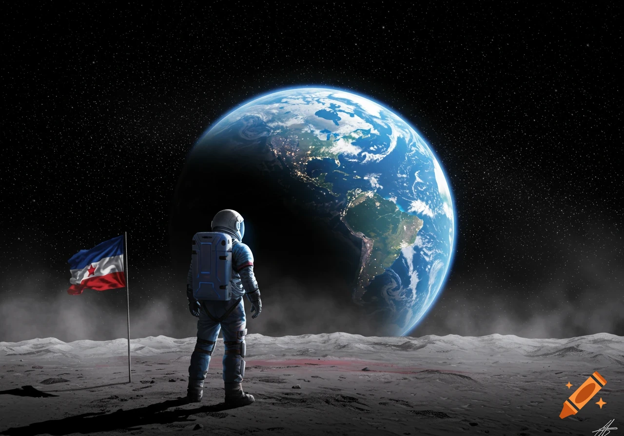An astronaut stands on the moon, gazing at a large Earth in the starry sky, with a red, white, and blue flag planted nearby.