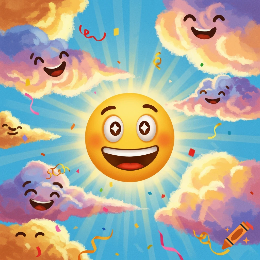 A cheerful illustration of a large smiling sun emoji with sparkling eyes surrounded by happy cartoon clouds, confetti, and sun rays.