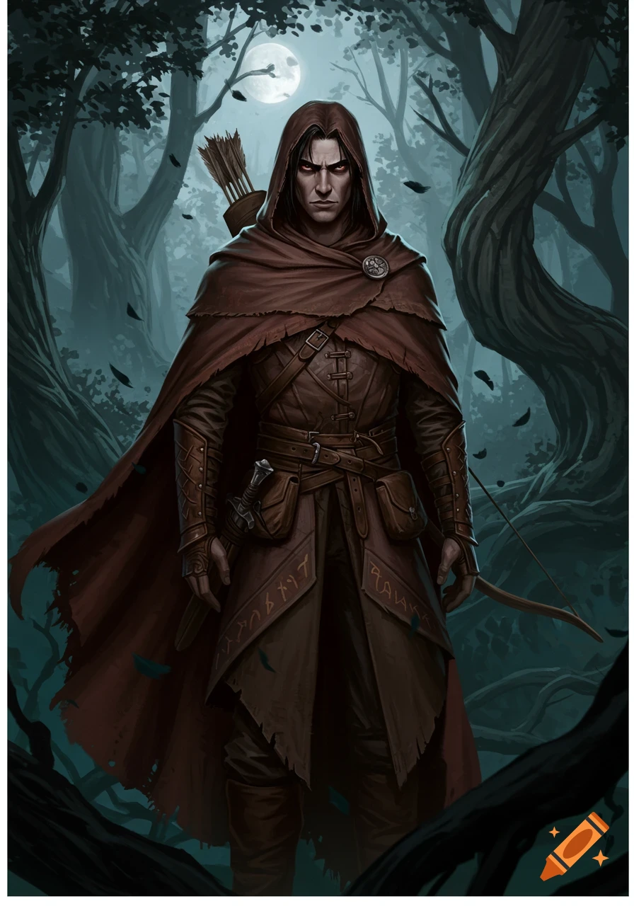 A dark-haired male ranger in a hooded brown cloak with a bow and quiver stands in a moonlit forest.