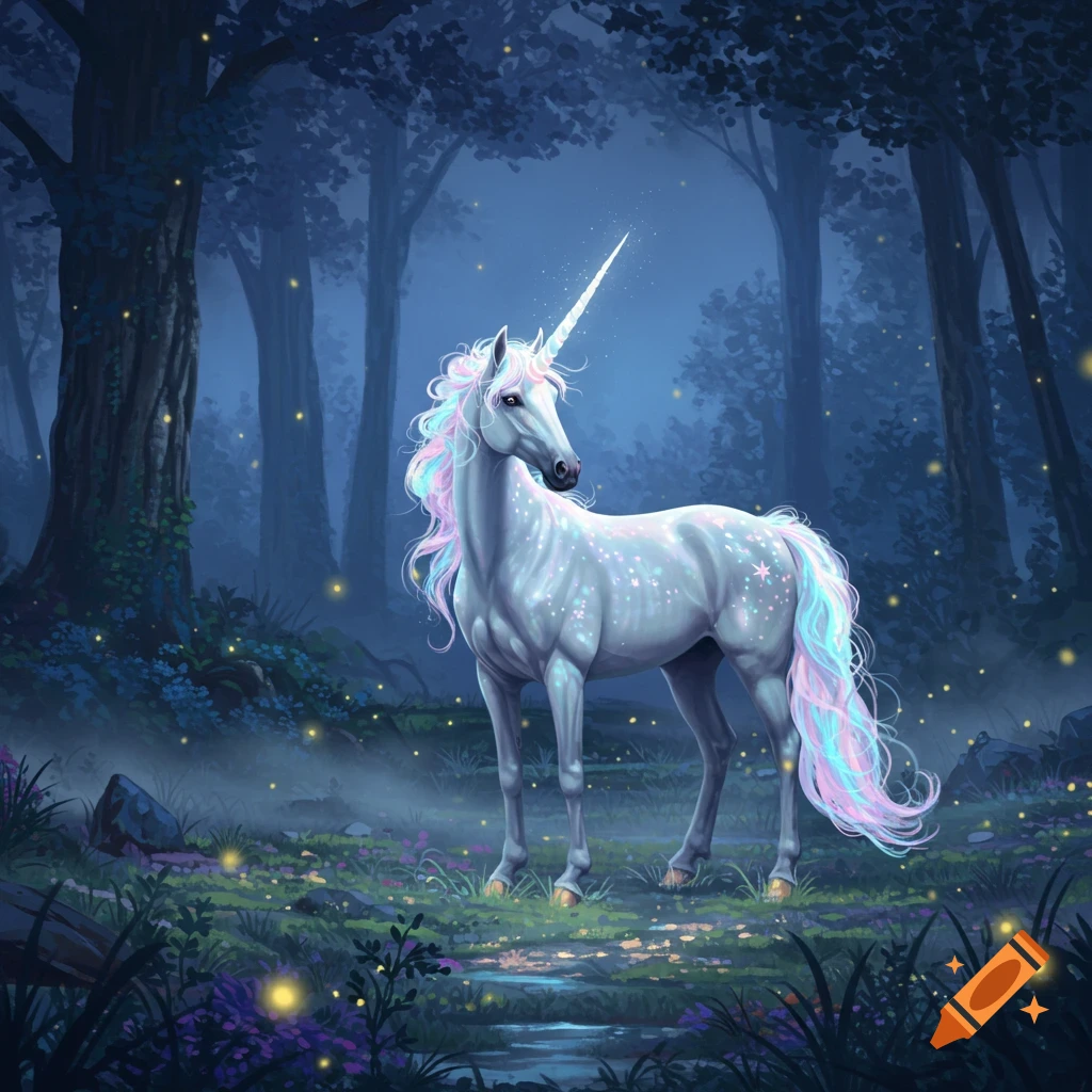 A white unicorn with a glowing horn, rainbow mane and tail stands in a dark magical forest with sparkling lights.