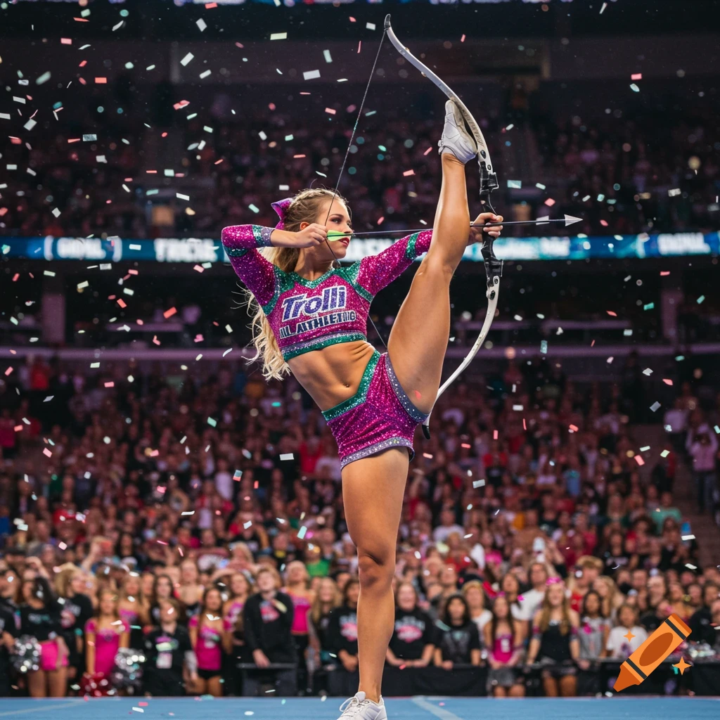 A cheerleader in a sparkly uniform performs a bow and arrow pose on stage with confetti and a crowd.