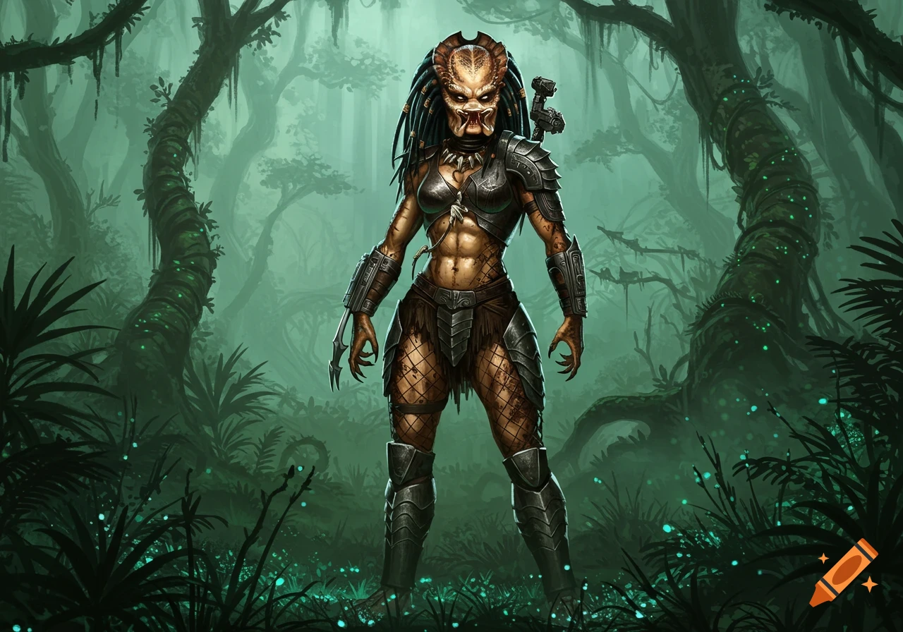A female Yautja in battle armor stands in a lush, green jungle in a detailed digital illustration.