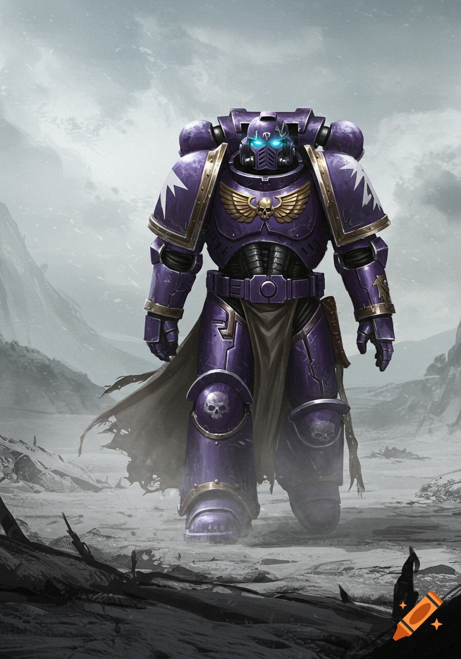 A towering Space Marine in deep purple power armor with glowing blue eyes stands in a desolate, rocky landscape.