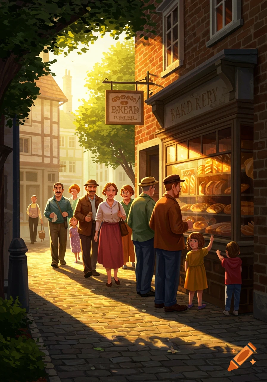 An illustration of people queuing outside a brick bakery on a sunny cobblestone street, with warm light and green trees.