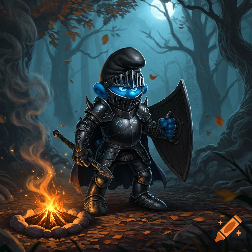 A dark blue Smurf in black knight armor, holding a shield and sword, stands by a campfire in a moonlit forest at night.