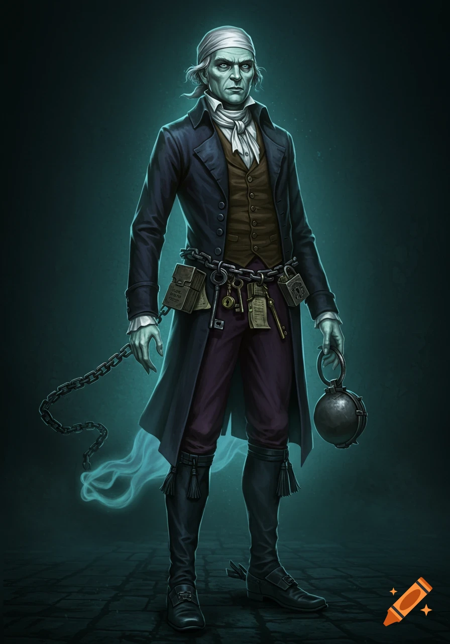A detailed illustration of Jacob Marley's ghost with a green face, white hair, old-fashioned clothes, and a long chain.