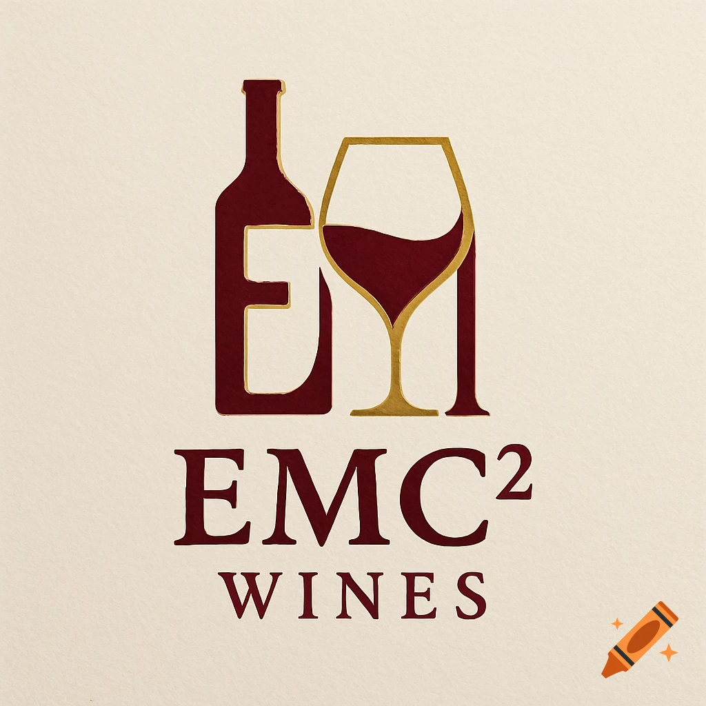 A logo for EMC Wines featuring a red wine bottle and a gold-outlined wine glass with red wine, on a cream background.
