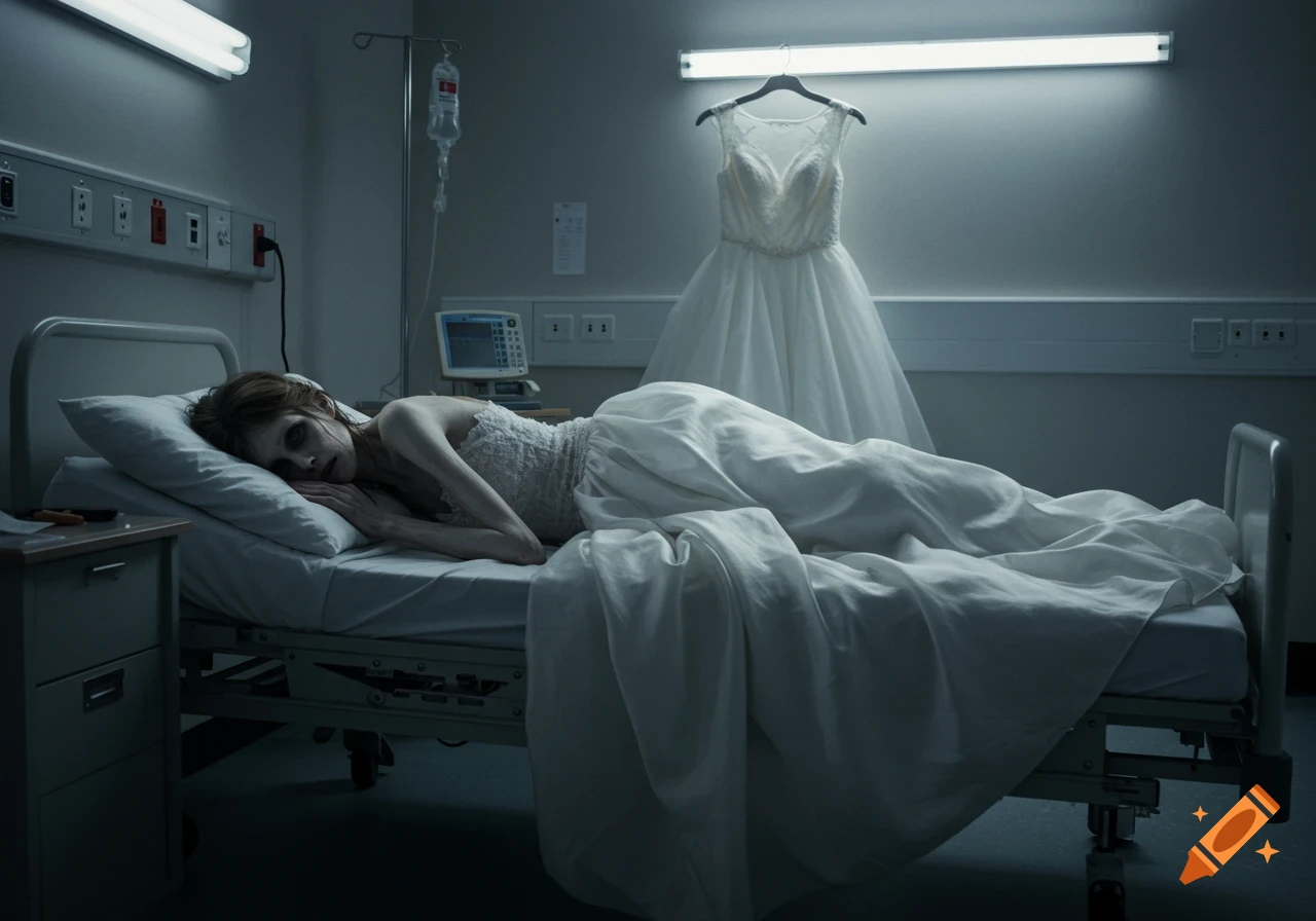 A pale, emaciated woman in a white wedding dress lies on a hospital bed, with another wedding dress hanging on the wall in a dimly lit, eerie room.