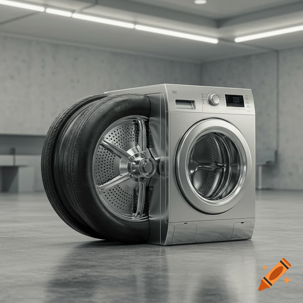 A photorealistic image of a chrome washing machine and a large black car wheel seamlessly merged into a single appliance, set in a sterile concrete room.