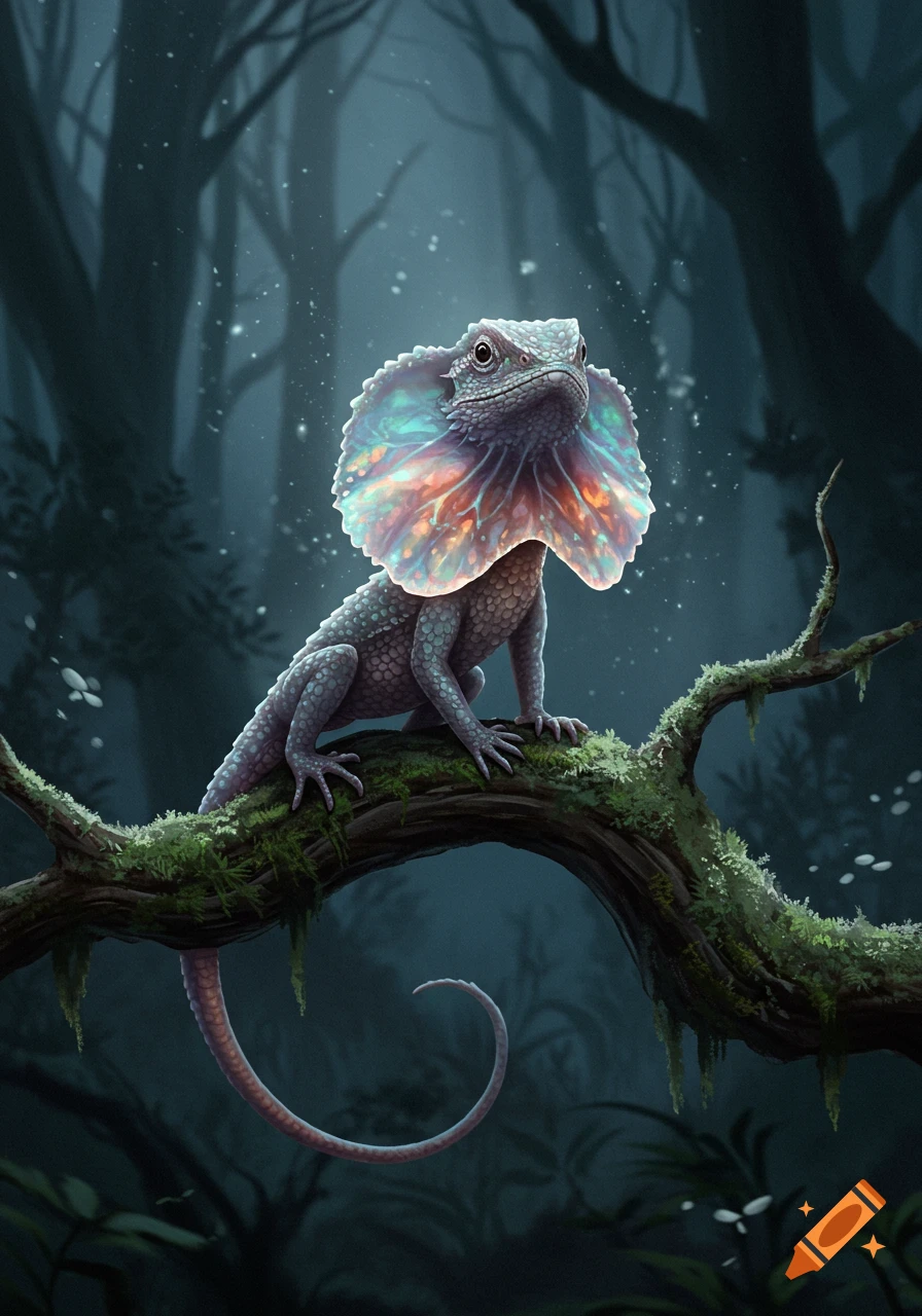 A fantasy Frillwing creature with a glowing iridescent frill and scales perched on a mossy branch in a dark, moonlit forest, realistic style.