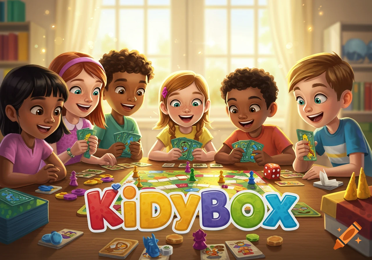 An illustration of diverse children playing a board game titled 'KidyBox' around a table in a sunlit room.