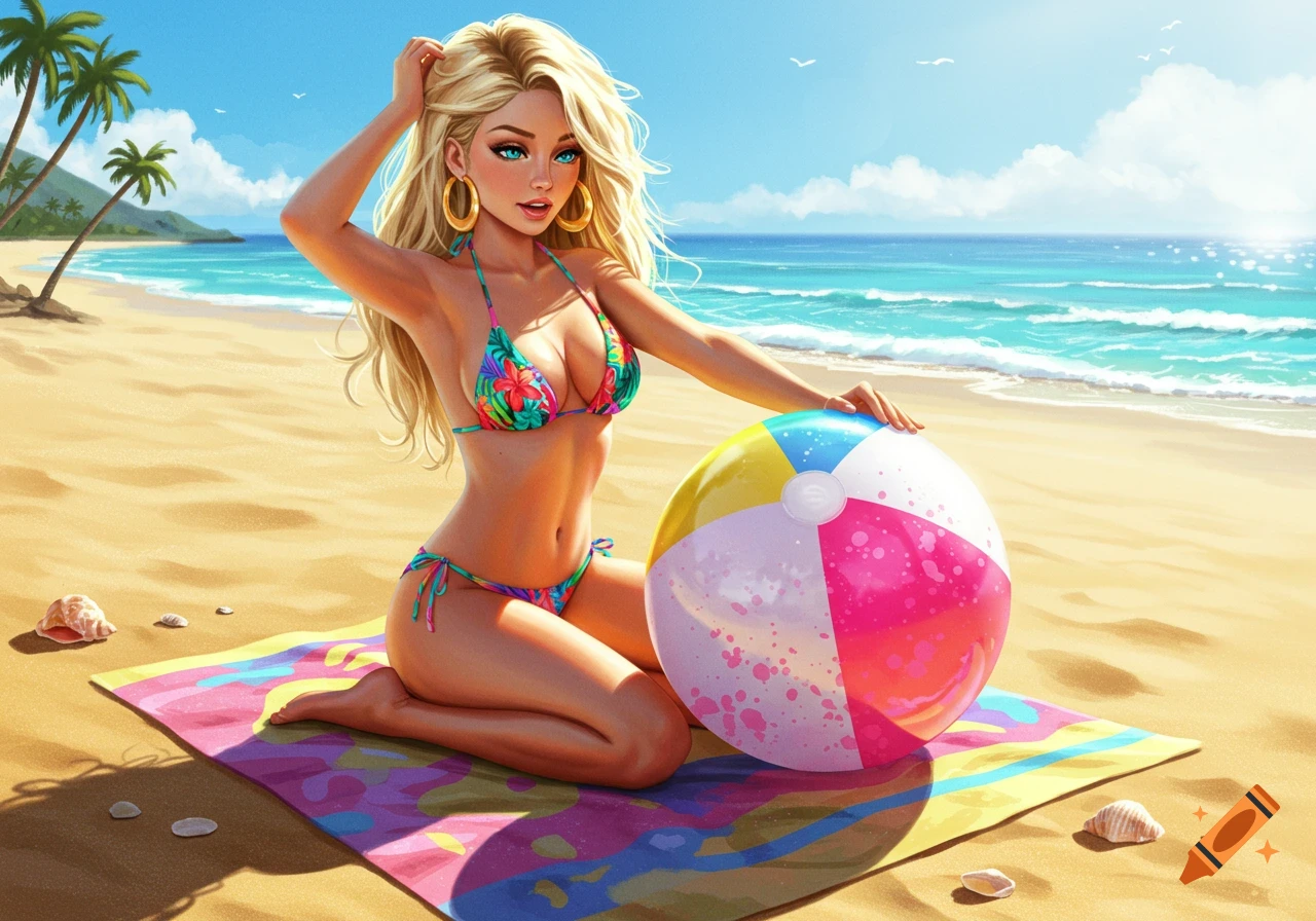 A blonde woman with blue eyes and gold hoop earrings kneels on a colorful blanket on a sandy beach, holding a large multi-colored beach ball. Palm trees and the ocean are in the background.