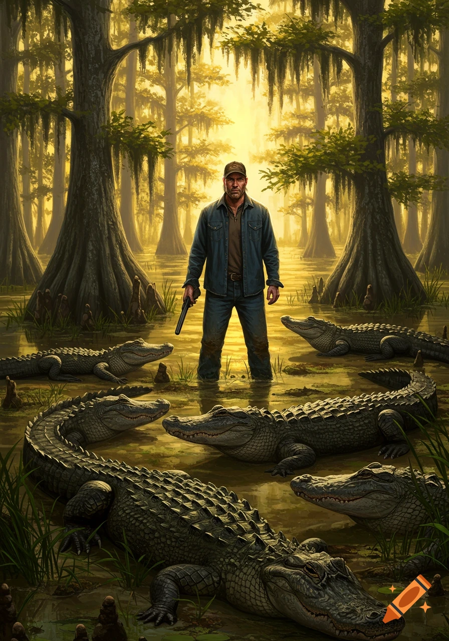 A man stands in a sunlit swamp surrounded by numerous alligators, holding a rifle, with cypress trees in the background.