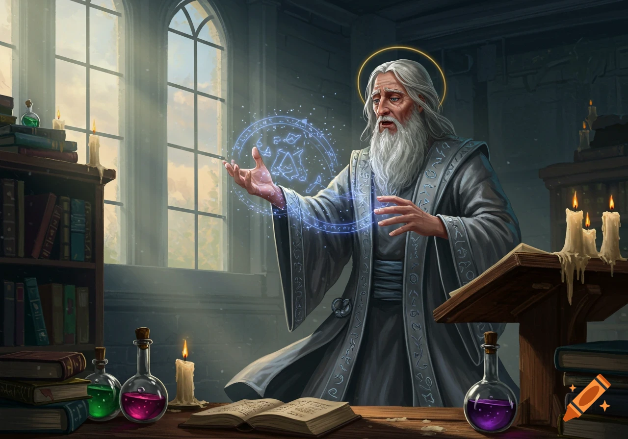 An elderly wizard with a long white beard casts a glowing blue spell in a dimly lit study with books, candles, and potion bottles.