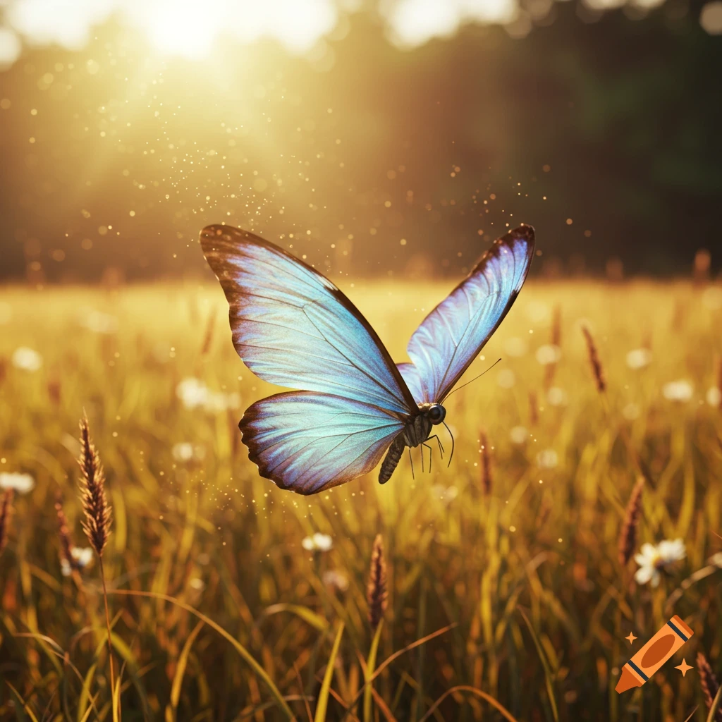 A vibrant blue butterfly with patterned wings hovers in a sun-drenched golden field with sparkling light.