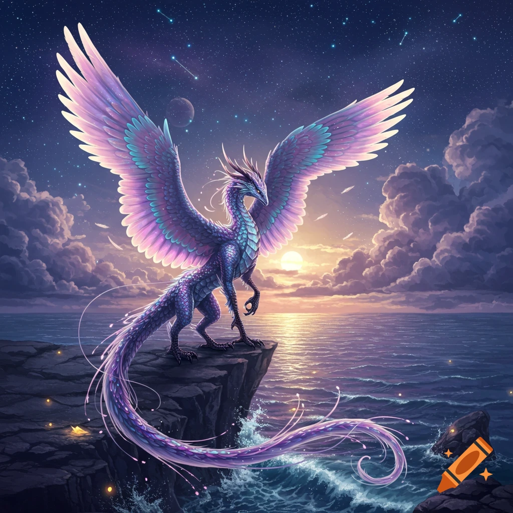 A vibrant, majestic purple and blue winged dragon stands on a cliff ...