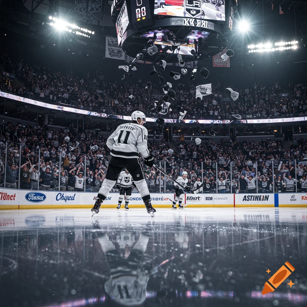 A hockey player in a white jersey with number 11 on the ice, looking up as a shower of hats falls from the stands in a brightly lit arena.