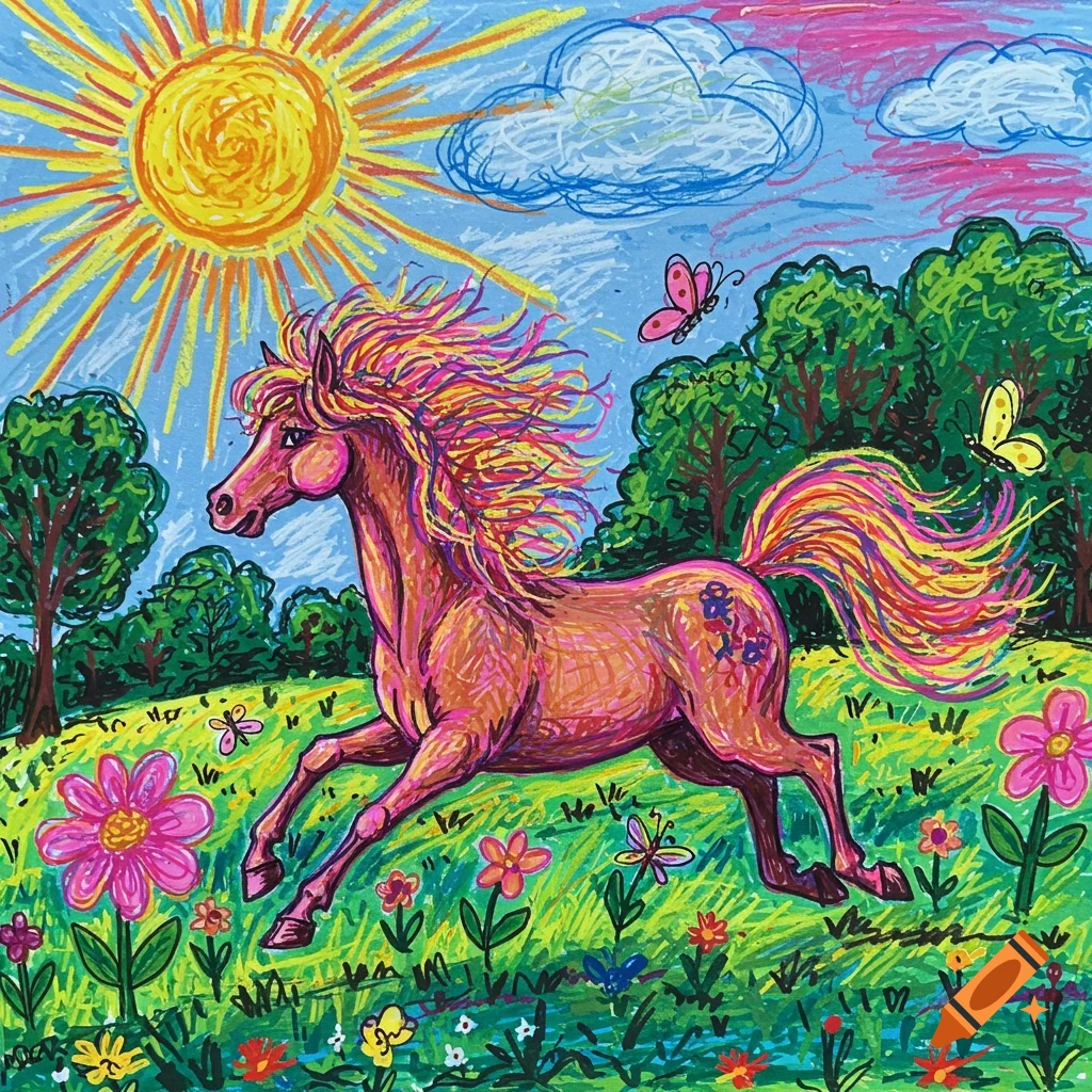 A colorful horse with a rainbow mane runs through a field of flowers under a crayon-drawn sun and blue sky, in a child's art style.